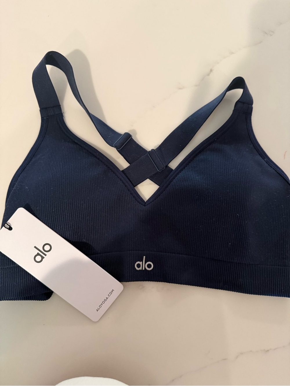 ALO Yoga Navy Blue Ribbed Strappy Sports Bra